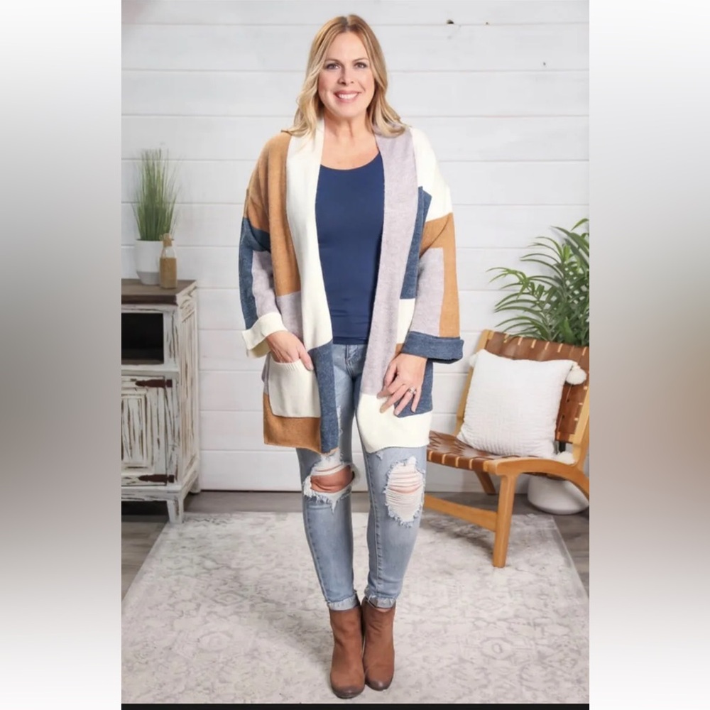 New Jodifl Color Block Cardigan Gray Teal Blue Cream Sienna Open Front Large